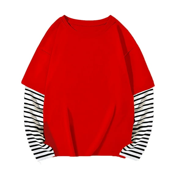 uikmnh Cute Tops for Teens Stylish Striped Patchwork Sweatshirt Long Sleeve False Two Piece Top for Girls Kids Comfortable Blend Tee Shirt Size:8-9 Years