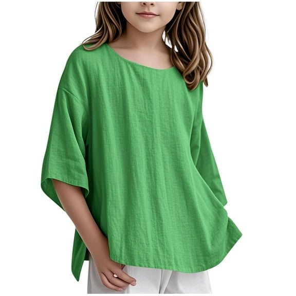 uikmnh Cute Tops for Teens Girls Linen Blend 3/4 Sleeve Crewneck Blouse Casual Elegant Top for Spring Summer Leisure Wear Size:7-8 Years