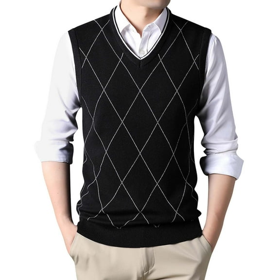 uikmnh Fall Sweater Mens Fashion Casual Jacquard V Neck Jacquard Bottomed Plaid Shirt Sleeveless Sweater Vest