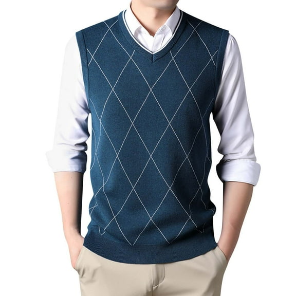 uikmnh Fall Sweater Mens Fashion Casual Jacquard V Neck Jacquard Bottomed Plaid Shirt Sleeveless Sweater Vest