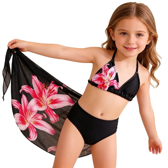 uikmnh Floral Print Bikini 3 Piece Swimwear Set for Big Girls and Summer Beach Pool Outfit Color:Black,Size:12-13 Years
