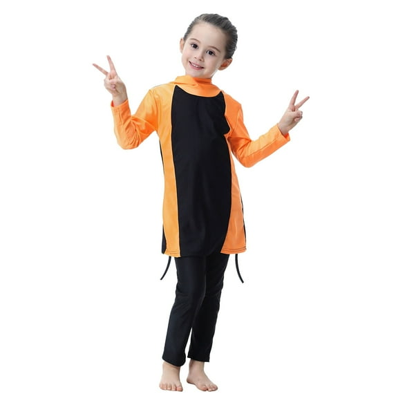 uikmnh Full Coverage Long Sleeve Swimsuit with Skirt for Girls UPF 50 Sun Protective Swimwear Color:Orange,Size:2-3 Years