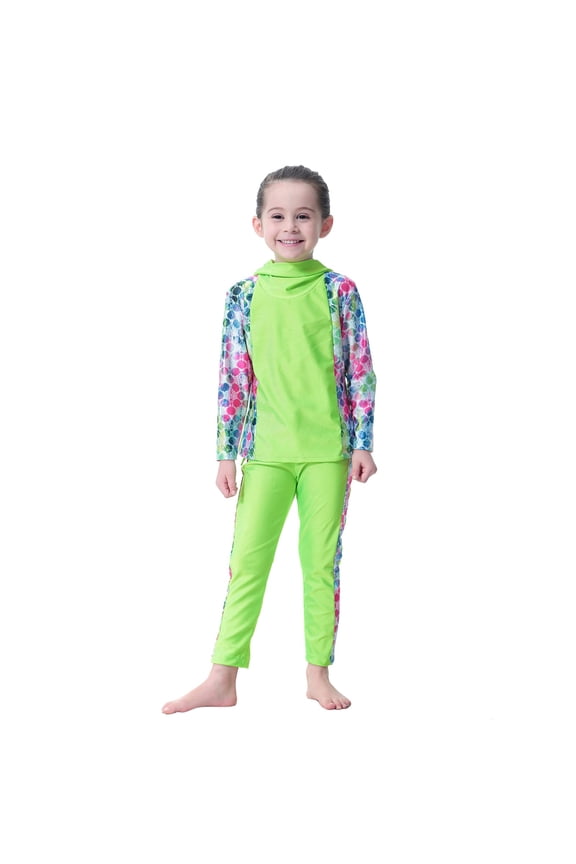 Full Coverage Long Sleeve Swimwear with Skirt for Girls Beach and Pool Attire Color:Green,Size:8-9 Years