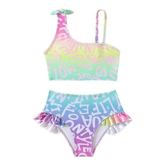 uikmnh Girls 2 Piece Gradient Letter Print Swimsuit One Shoulder Ruffle High Waist Swimwear Size:5-6 Years