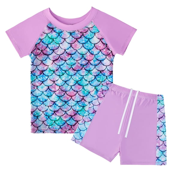 uikmnh Girls 2 Piece Swimwear Set Short Sleeve Top and Scale Print Shorts Comfortable Childrens Bathing Suit Size:7-8 Years