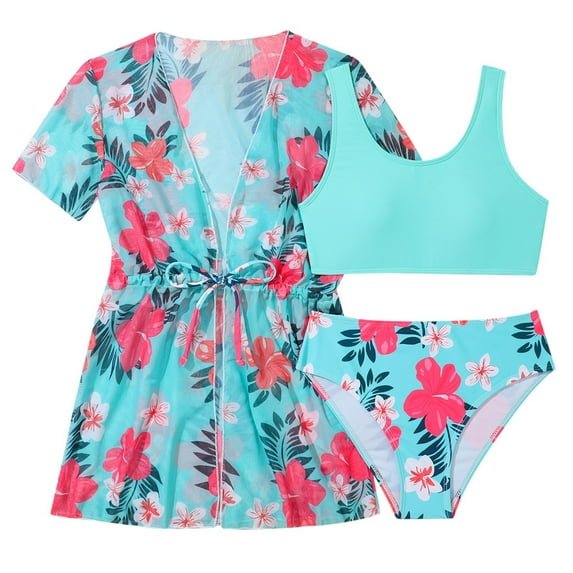 uikmnh Girls Floral Print 3 Piece Bikini Swimsuit Set with Kimono Cover Up Size:9-10 Years