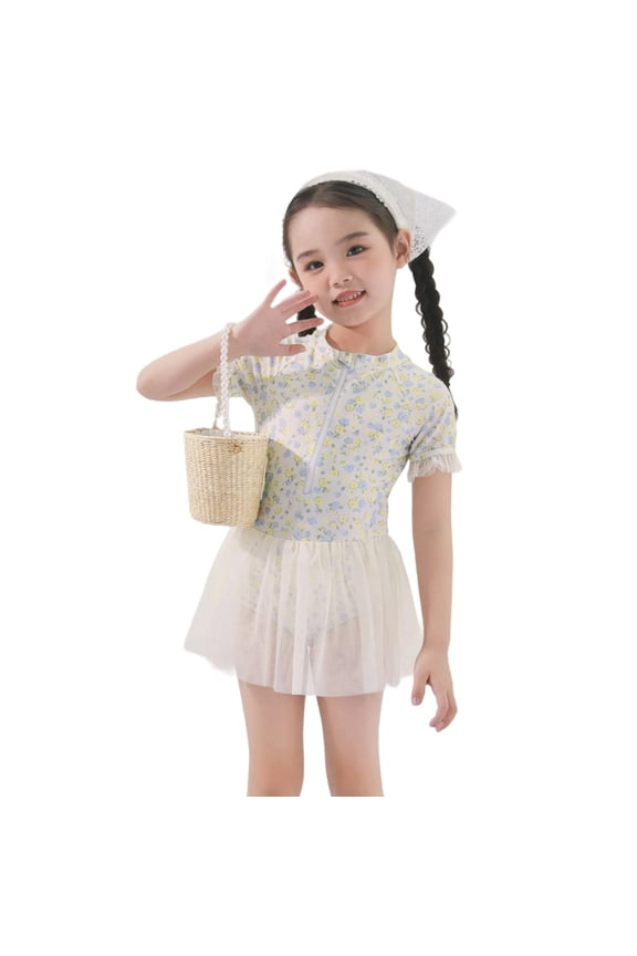 Girls Floral Print Swim Dress Polyester Toddler Kids Summer Beach Pool Party Water Play Outfit Color:Yellow,Size:2-4 Years