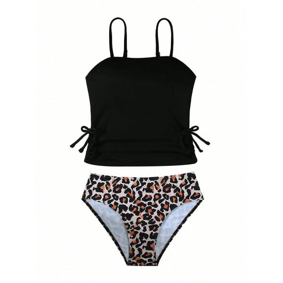 uikmnh Girls Leopard Print Tankini Set - 2-Piece Top & Bottom Summer Beachwear Color:Black,Size:9-10 Years