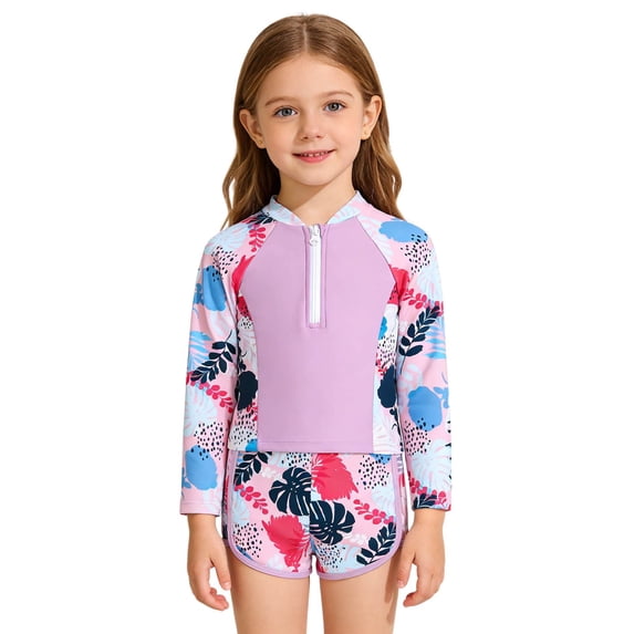 uikmnh Girls Long Sleeve Zip Up Rash Guard with Floral Print Bikini Two Piece Swim Set for Surfing Sun Color:Purple,Size:3-4 Years