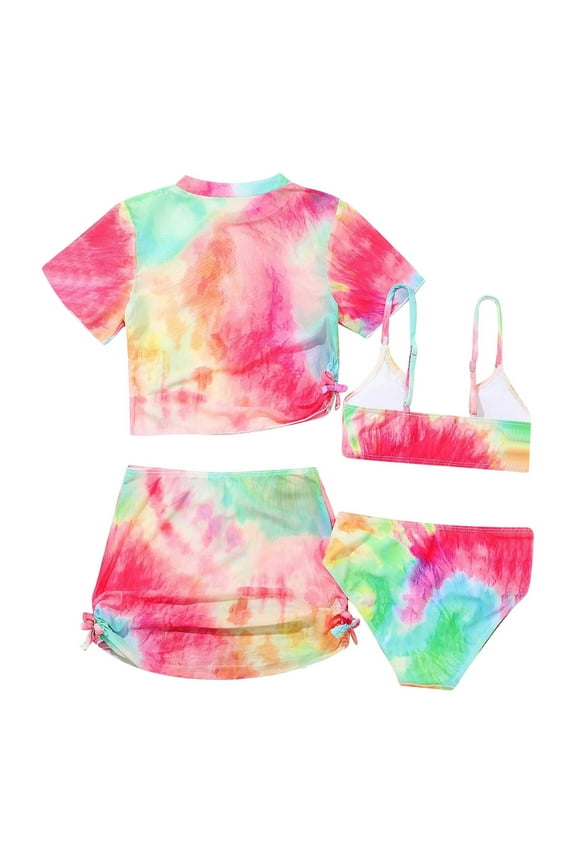 Girls Swimsuit 4 Piece Fashion Bikini Set Tie Dye Personality Split Swimsuit for Children Stylish Swimwear Size:7-8 Years