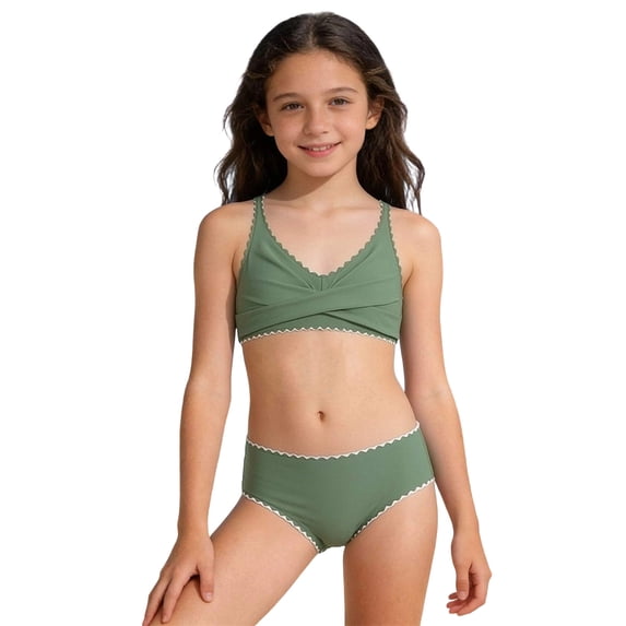 uikmnh Girls 2 Piece Bikini Set Crisscross Back Tie Adjustable Strap Swimwear Color:Green,Size:13-14 Years
