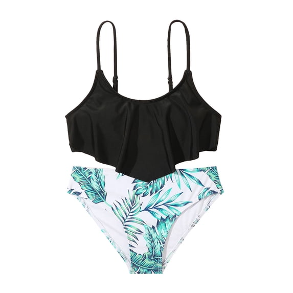 uikmnh Girls Two Piece Swimsuit Set Tropical Leaf Print Swimwear for Juniors and Beach Color:Black,Size:10y