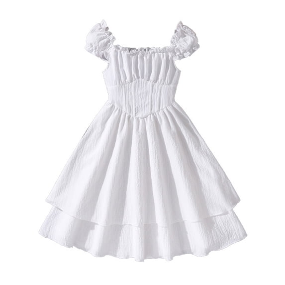 uikmnh Girls White off Shoulder Puff Sleeve Dress Smocked Waist Tiered Skirt Elegant Party Size:11-12 Years