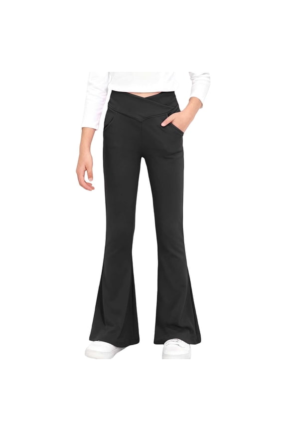 High Waist Flared Yoga Pants for Girls Dance Workout Stretchy Bootcut Athletic Wide Leg Trousers Color:Black,Size:8-9 Years