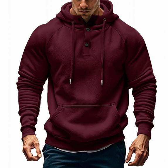 uikmnh Men Hoodies Men's Solid Color Button Up Raglan Sleeve Hoodie Casual Pullover Sweatshirt Comfortable Lightweight Streetwear Hooded Jacket Long Hoodie Size:2XL