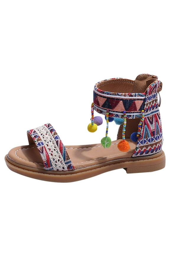 Kids' Casual Sandals - Colorful Print Pom-Pom Tassel Sandals for Beach Size:3-3.5 Years