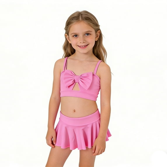 uikmnh Girls 2 Piece Swimsuit Set with Flounce Skirt Colorful and Solid Bikini for Kids Family Matching Beachwear Color:Pink,Size:11-12 Years