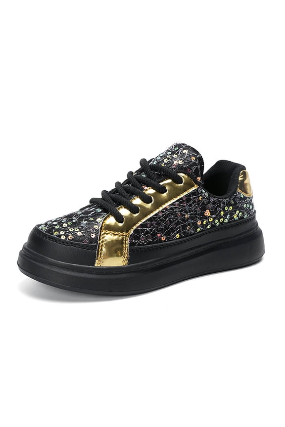 uikmnh Kids Glitter Sequin Sneakers Gold Metallic Platform Casual Shoes for Girls Size:5-5.5 Years