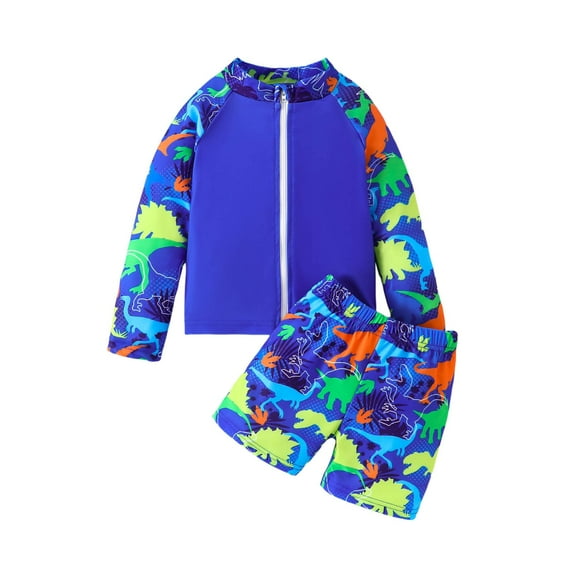 uikmnh Kids Swimsuits Boys Long Sleeve Zip Up Rash Guard and Swim Trunks Set with Dinosaur Football Print Two Piece Swimwear Outfit for Kids Size:5-6 Years