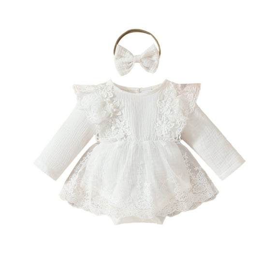 uikmnh Long Sleeve Romper Baby Girl Boho Lace Ruffle Romper Dress Linen Jumpsuit Photoshoot Outfit Size:3-6 Months