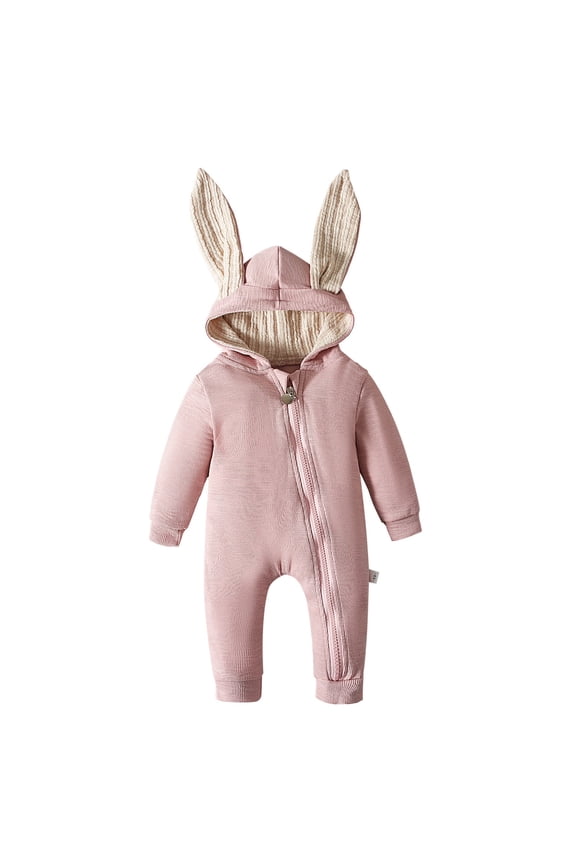 Long Sleeve Romper Easter Bunny Hooded Romper Jumpsuit for Girls Soft Zippered Long Ear Rabbit Playwear Size:6-9 Months