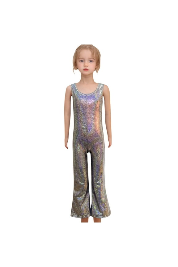 Long Sleeve Romper Girls Sequin Stretch Jumpsuit Sleeveless Crew Neck Romper Playwear Size:2-3Years