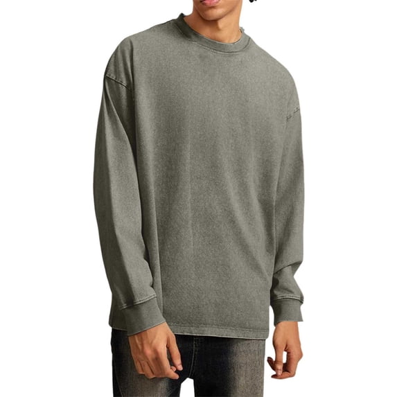 uikmnh Men T Shirts Men's Distressed Pure Solid Color Long Sleeve Loose Fit Casual Round Neck Base Layer T-Shirt Top Cotton T Shirts Size:XL