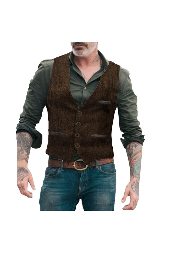 Men Tank Tops Fashion Casual Vest Jacket with Buttoned Suit Design Herringbone Pattern and Pocket V Neck Western Style Solid Color Size:S