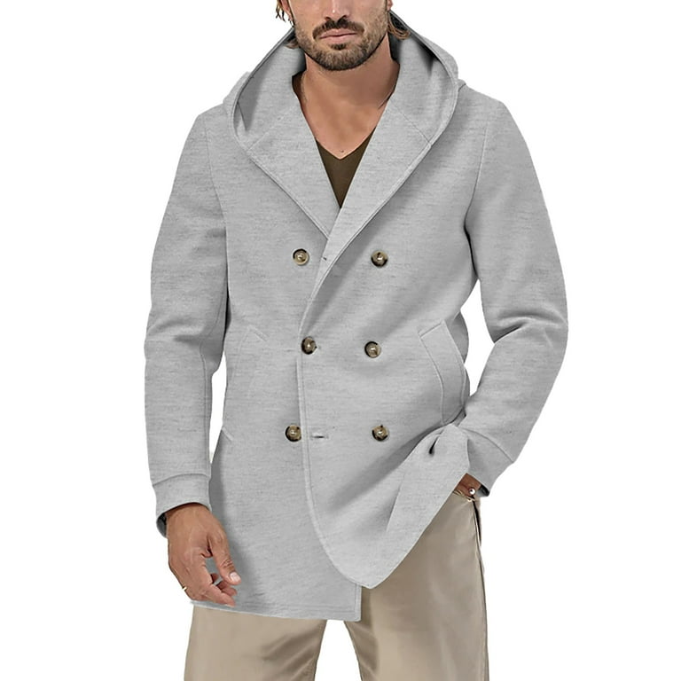 uikmnh Men s Classic Hooded Coat Notched Double Breasted Figure Flattering Winter Warm Heavyweight Windbreaker Winter Jackets for Men Winter Coats for
