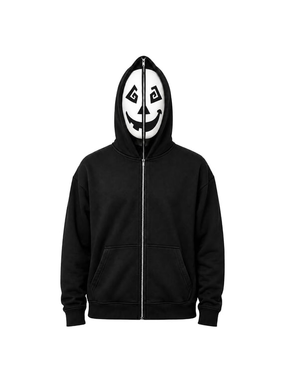 uikmnh Men's Ghost Face Full Zip Hoodie, Halloween Spooky Smile Print Sweatshirt with Hood, Front Pocket Jacket for Fall, Party and Daily Wear,M