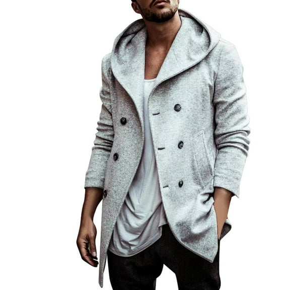 uikmnh Men's Jackets Autumn and Winter Men's Soil Trench Coat Long Lapel Hood Space Double Casual Trench Coat Size:L