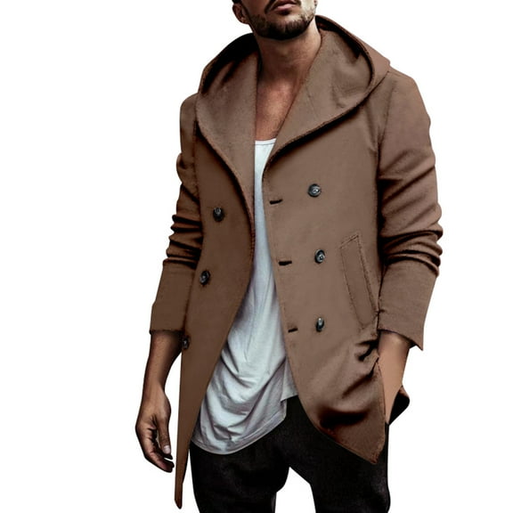 uikmnh Men's Jackets Autumn and Winter Men's Soil Trench Coat Long Lapel Hood Space Double Casual Trench Coat Size:M