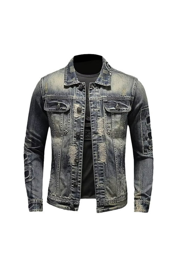 Men's Jackets Men's Fashionable Retro Ripped Slim Fit Denim Jacket Size:M