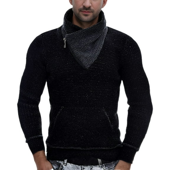 uikmnh Men's Knitted Turtleneck Pullover Shawl Collar Sweaters Slim Fit High Neck Hoodies with Pockets