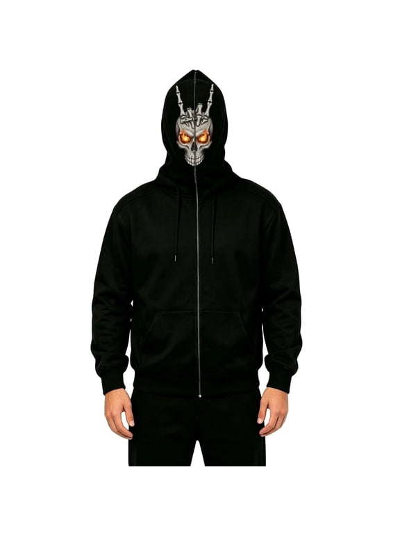uikmnh Men's Skull Graphic Full Zip Hoodie, Halloween Spooky Skeleton Face Sweatshirt, Front Pocket Jacket for Fall, Party and Casual Daily Wear,L