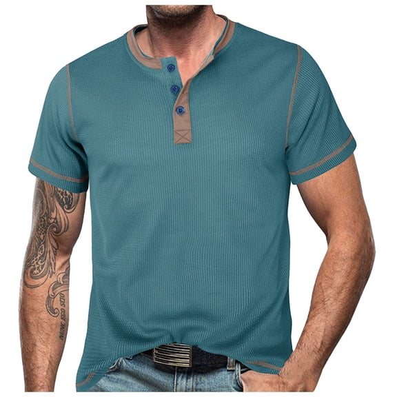 uikmnh Men's T Shirts European Color Blocked Button Open Neck Men Trendy Comfortable Loose Casual Business Short Sleeved T Shirt Size:S