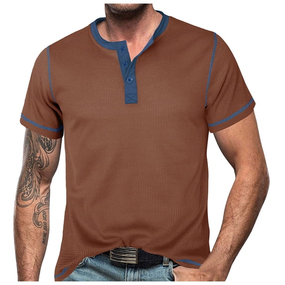 uikmnh Men's T Shirts European Color Blocked Button Open Neck Men Trendy Comfortable Loose Casual Business Short Sleeved T Shirt Size:XL
