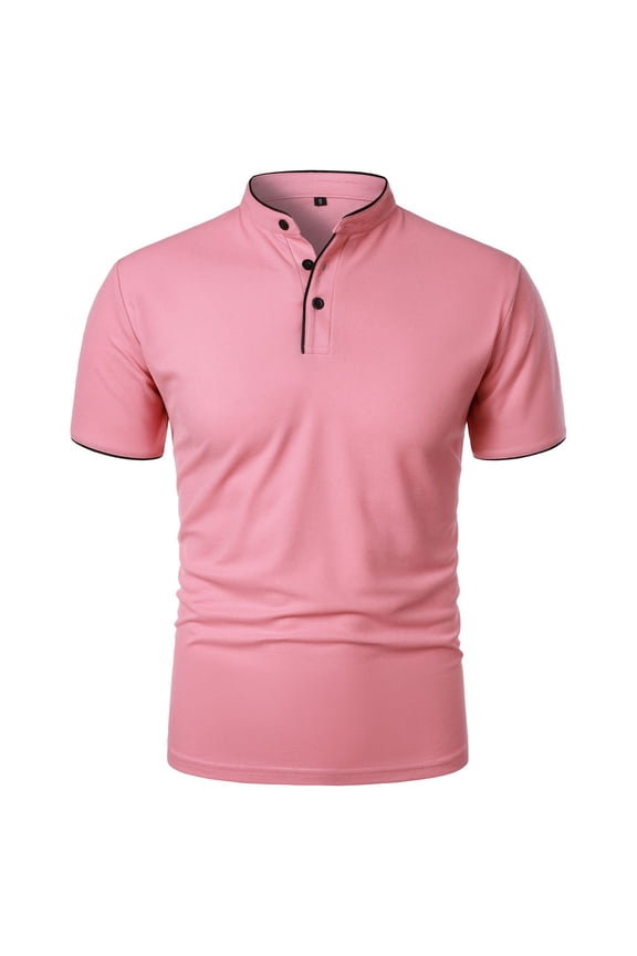 Men's T Shirts European Solid Color Stand Up Collar Button Men Casual Loose Trendy Comfortable foreign Trade Business Short Sleeved Top Size:S