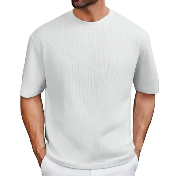 uikmnh Men's T Shirts Men's Summer Solid Color Fashion Large Size Round Neck T Shirt Size:L