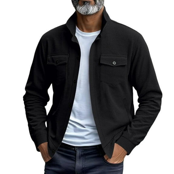 uikmnh Men's Winter Coats Men's Autumn and Winter Heavyweight Casual and Fashionable Loose Corduroy Pocket Long Sleeved Stand Up Collar Jacket Size:L