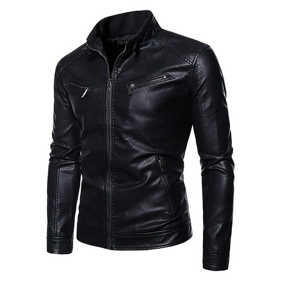 uikmnh Men's Winter Coats Men's Stand Up Collar Leather Jacket Lightweight Leather Motorcycle Jacket Size:L