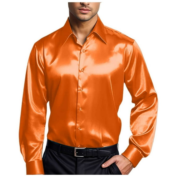 uikmnh Mens Dress Shirts Mens Casual Bright Face Solid Color Lapel Long Sleeve Shirt-Orange-2XL