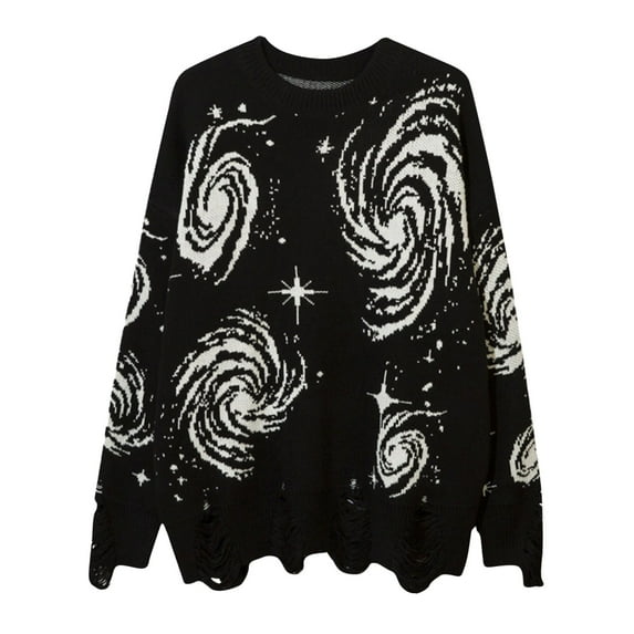 uikmnh Mens Knitwear Vintage Pleated Scroll Print Loose Ripped Sweater