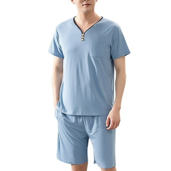 uikmnh Mens Pants,Men's Sleepwear Soft Smooth Short Sleeve Short Pant Sleepwear Man with Pockets Two Piece Pajamas(Color:Light Blue,Size:L)