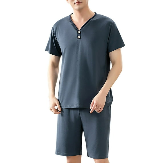 uikmnh Mens Pants,Men's Sleepwear Soft Smooth Short Sleeve Short Pant Sleepwear Man with Pockets Two Piece Pajamas(Color:Navy,Size:3XL)