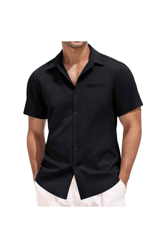 uikmnh Mens Shirts,Men's Summer Casual Solid Cotton and Button Short Sleeved Shirt Top,Men's T-shirts,T Shirts for Man(Color:Black,Size:M)