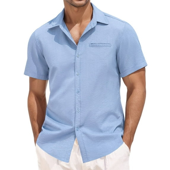 uikmnh Mens Shirts,Men's Summer Casual Solid Cotton and Button Short Sleeved Shirt Top,Men's T-shirts,T Shirts for Man(Color:Blue,Size:3XL)