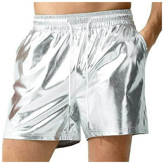 uikmnh Mens Shorts,Mens Shorts Metallic Shiny Sparkly Hot Drawstring Short Pants with Pockets(Color:Silver,Size:S)
