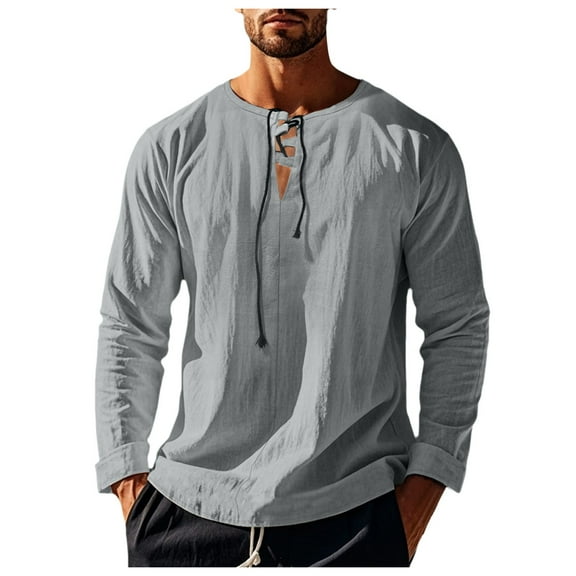 uikmnh Mens T Shirts Autumn New Long Sleeve Loose Strap V Neck Explosion Men's Solid Color Cotton and Linen Beach Shirt Size:M