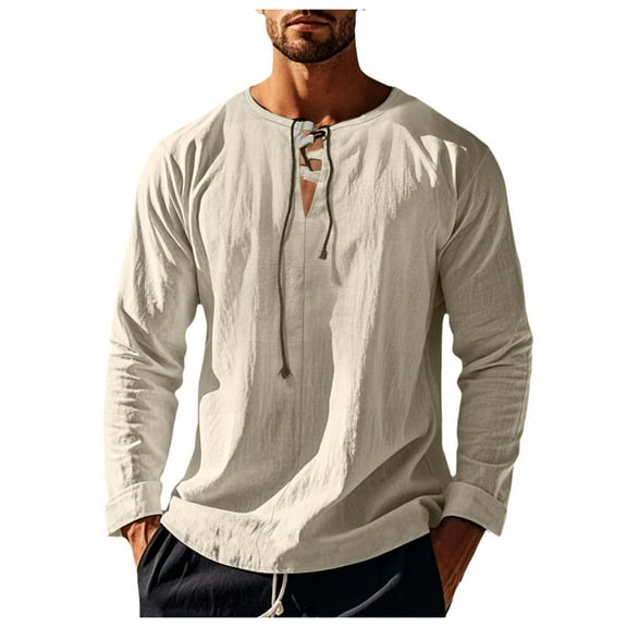 uikmnh Mens T Shirts Autumn New Long Sleeve Loose Strap V Neck Explosion Men's Solid Color Cotton and Linen Beach Shirt Size:S